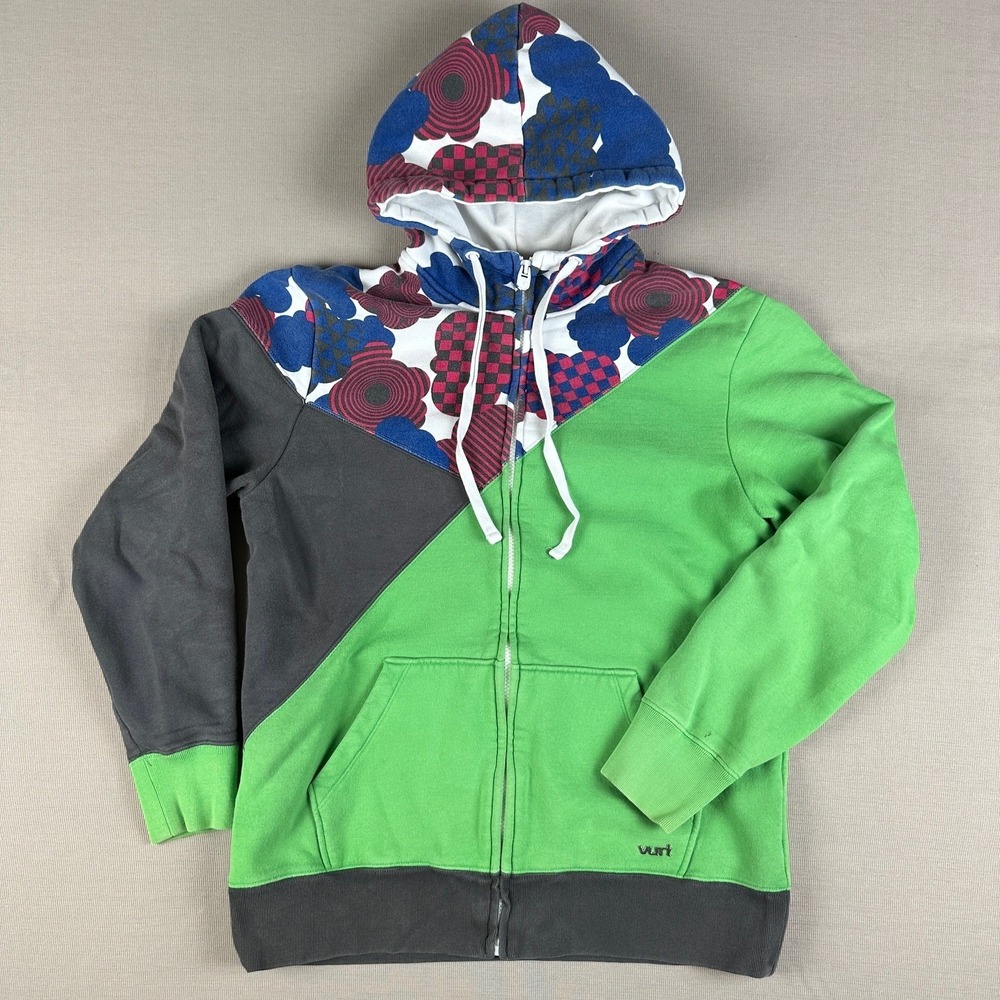 Vintage Y2K Vurt Mens Patchwork Colorblock Zip Hoodie Skater Streetwear Medium M